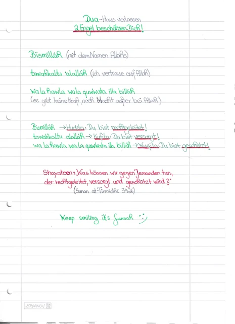 Handschriftliche Notiz: Dua zum Verlassen des Hauses