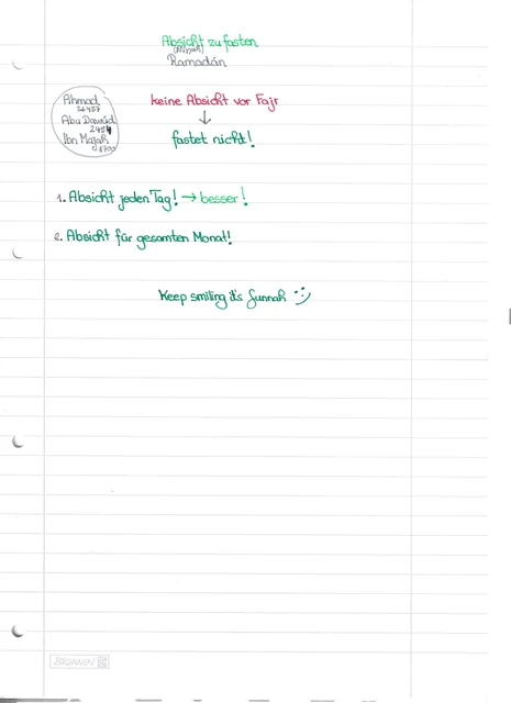 Handschriftliche Notiz: Absicht zum Fasten im Ramadan