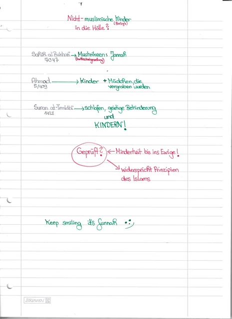 Handschriftliche Notiz: Nicht-muslimische Kinder und die Hölle?