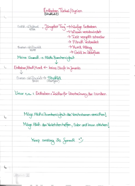 Handschriftliche Notiz: Erdbeben in Türkei und Syrien