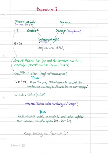 Handschriftliche Notiz: Umgang mit Depressionen