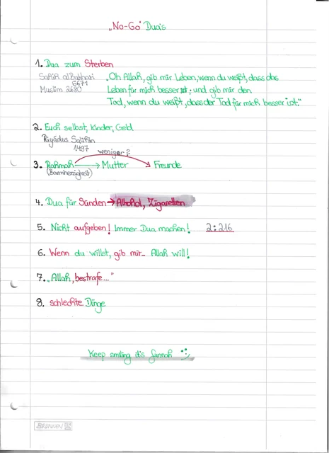 Handschriftliche Notiz: No-Go Duas