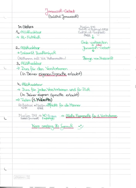Handschriftliche Notiz: Janazah-Gebet im Stehen