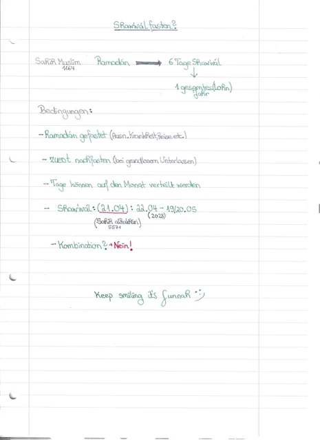 Handschriftliche Notiz: Sechs Tage im Shawwál fasten