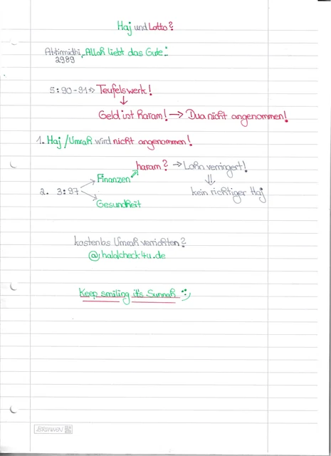 Handschriftliche Notiz: Hajj und Lotto