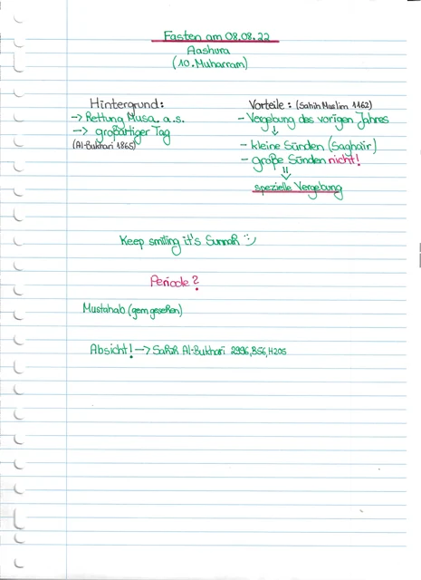 Handschriftliche Notiz: Fasten an Aashura