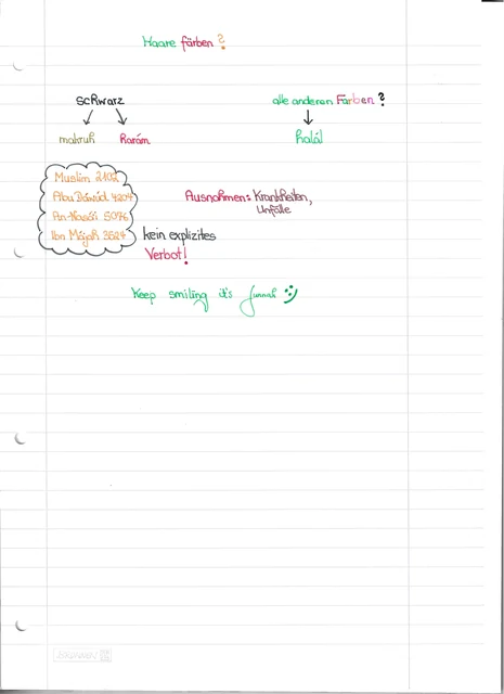 Handschriftliche Notiz: Schwarze Haarfarbe und andere Farben